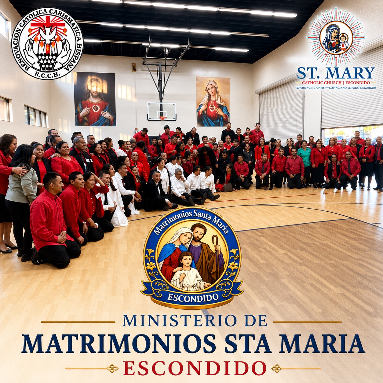 Comunidad del Ministerio de Matrimonios Sta. María de Escondido, con los emblemas de la Renovación Carismática, la parroquia y el Ministerio
